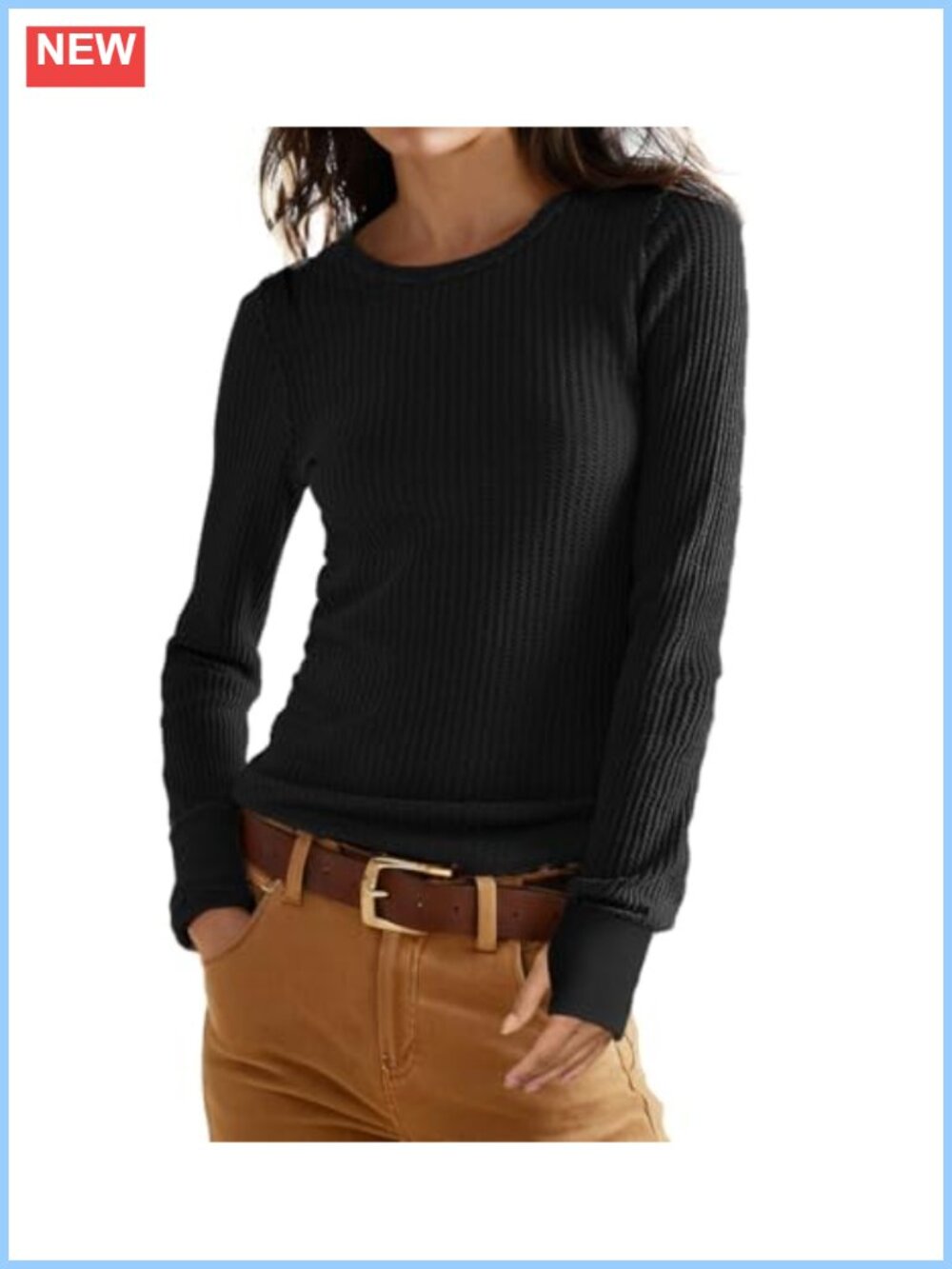Women's Waffle Knit Long Sleeve Slim Fit Top with Thumbholes Crew Neck